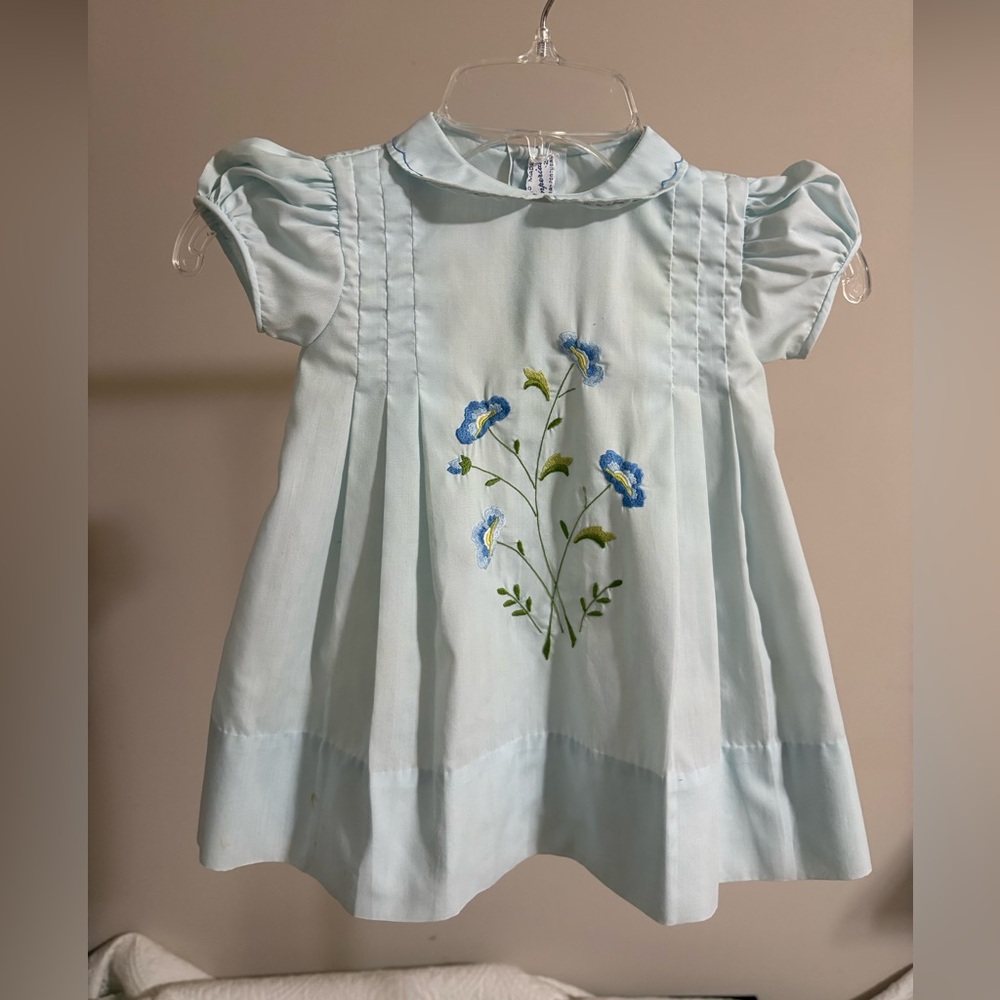 Vintage Handmade Imperial Light Blue Dress with Floral Embroidery